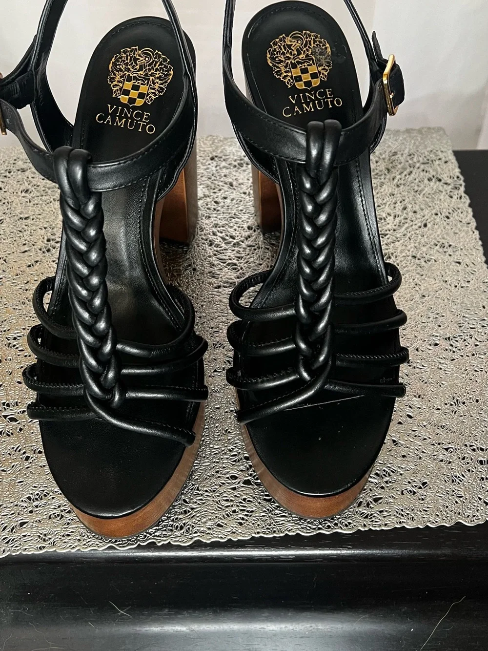 Vince Camuto Black Braided T-Strap Platform Sandal with Wood-Look Heel